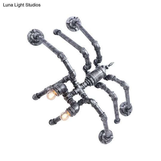 Industrial Style Bronze/Silver Water Pipe Wall Lamp With Spider Design - 2 Bulbs Iron Mount Lighting