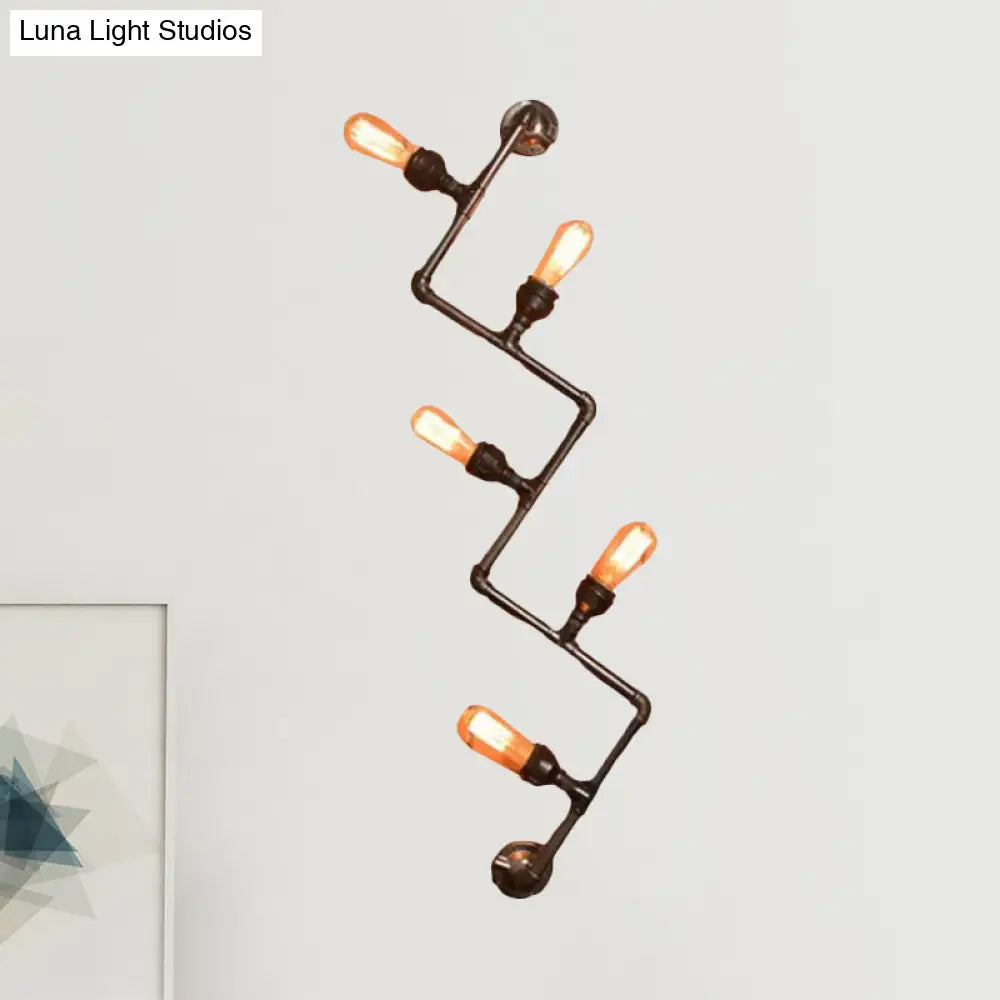 Industrial Style Bronze Wall Sconce With Wavy Design - Metallic Pipe Finish 2/5 Bulbs Perfect For