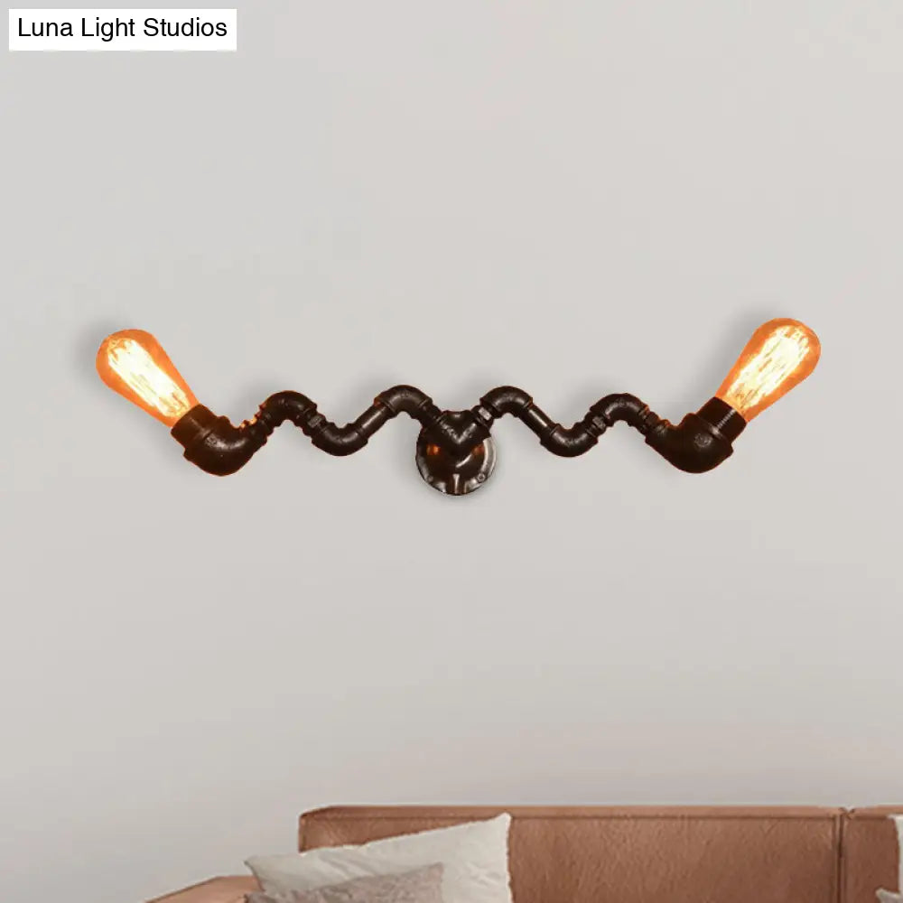 Industrial Style Bronze Wall Sconce With Wavy Design - Metallic Pipe Finish 2/5 Bulbs Perfect For