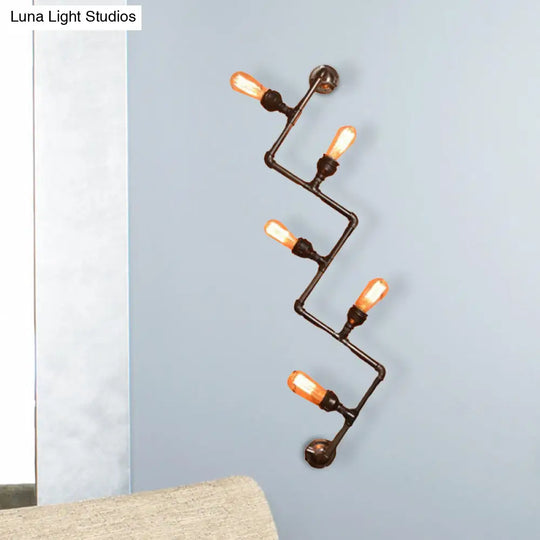 Industrial Style Bronze Wall Sconce With Wavy Design - Metallic Pipe Finish 2/5 Bulbs Perfect For