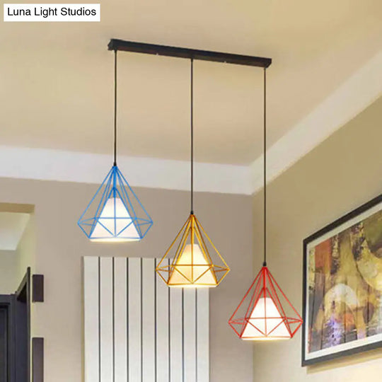 Industrial Style 3-Light Metal And Fabric Hanging Pendant With Multi-Color Cage Design For Indoor