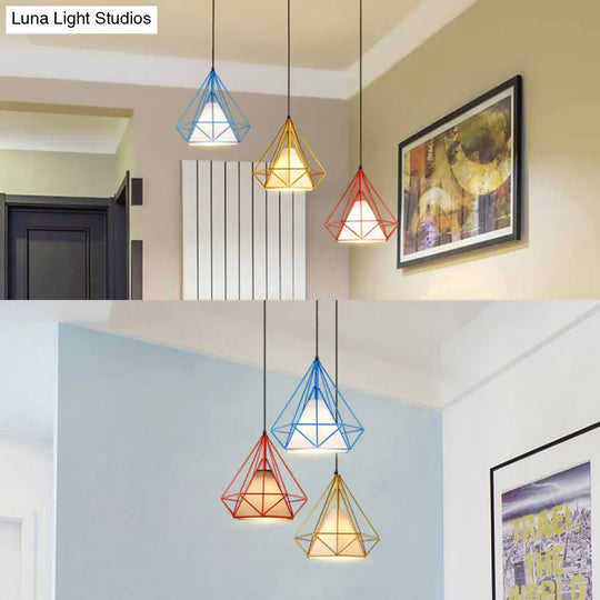 Industrial Style Caged Hanging Light With Multi-Color Metal And Fabric 3 Lights Pendant Lighting -