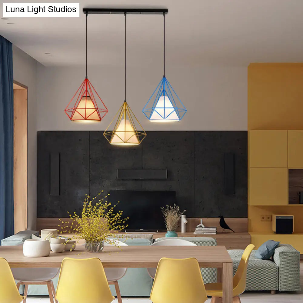 Industrial Style 3-Light Metal And Fabric Hanging Pendant With Multi-Color Cage Design For Indoor