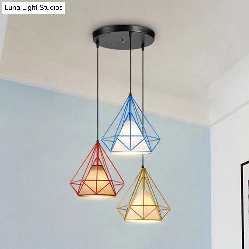 Industrial Style 3-Light Metal And Fabric Hanging Pendant With Multi-Color Cage Design For Indoor