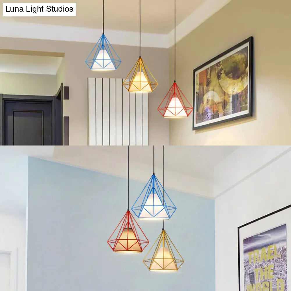 Industrial Style 3-Light Metal And Fabric Hanging Pendant With Multi-Color Cage Design For Indoor