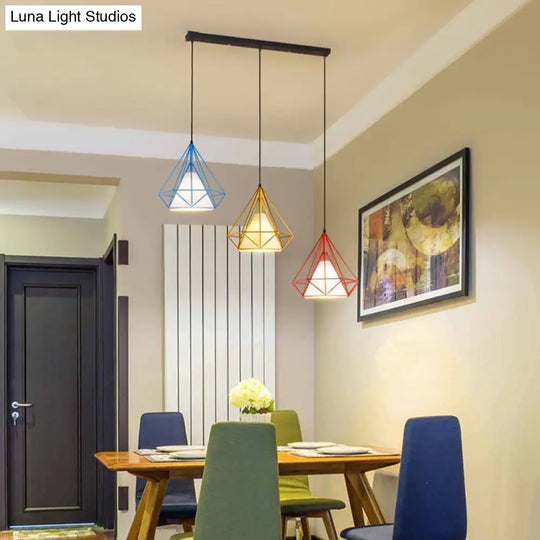 Industrial Style Caged Hanging Light With Multi-Color Metal And Fabric 3 Lights Pendant Lighting -