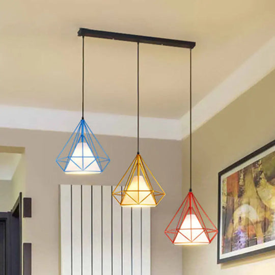 Industrial Style Caged Hanging Light With Multi-Color Metal And Fabric 3 Lights Pendant Lighting -