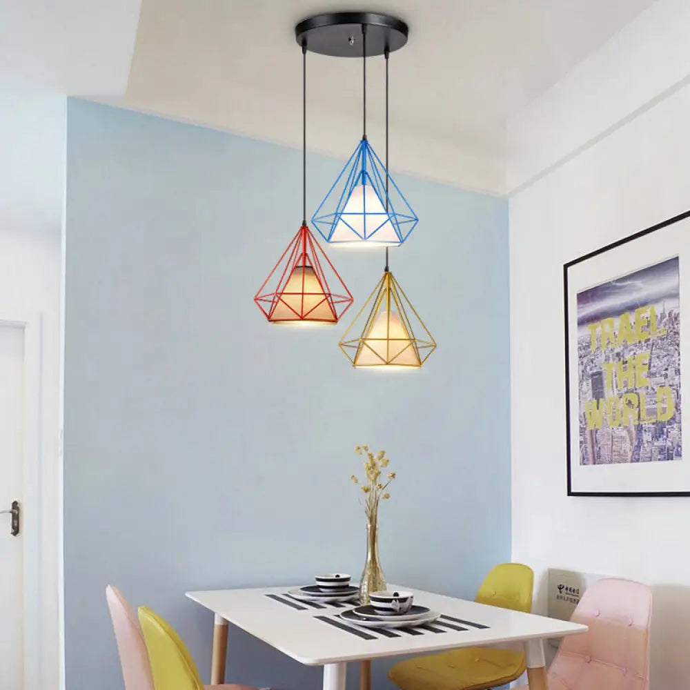 Industrial Style Caged Hanging Light With Multi-Color Metal And Fabric 3 Lights Pendant Lighting -