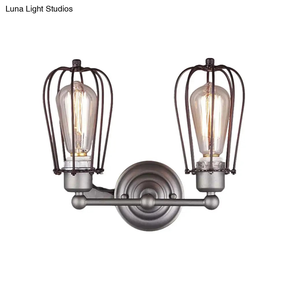 Industrial Style Caged Wall Sconce Lighting - 2-Light Metal Mini Light In Copper/Aged Silver