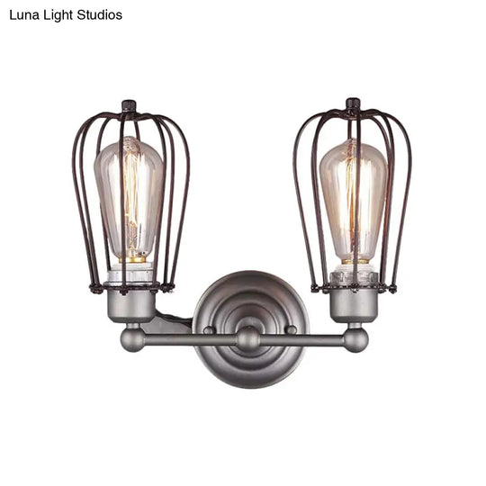 Industrial Style Caged Wall Sconce Lighting - 2-Light Metal Mini Light In Copper/Aged Silver