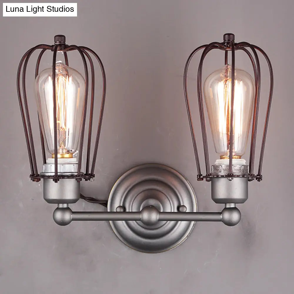 Industrial Style Caged Wall Sconce Lighting - 2-Light Metal Mini Light In Copper/Aged Silver