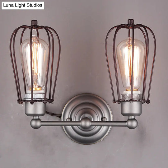 Industrial Style Caged Wall Sconce Lighting - 2-Light Metal Mini Light In Copper/Aged Silver