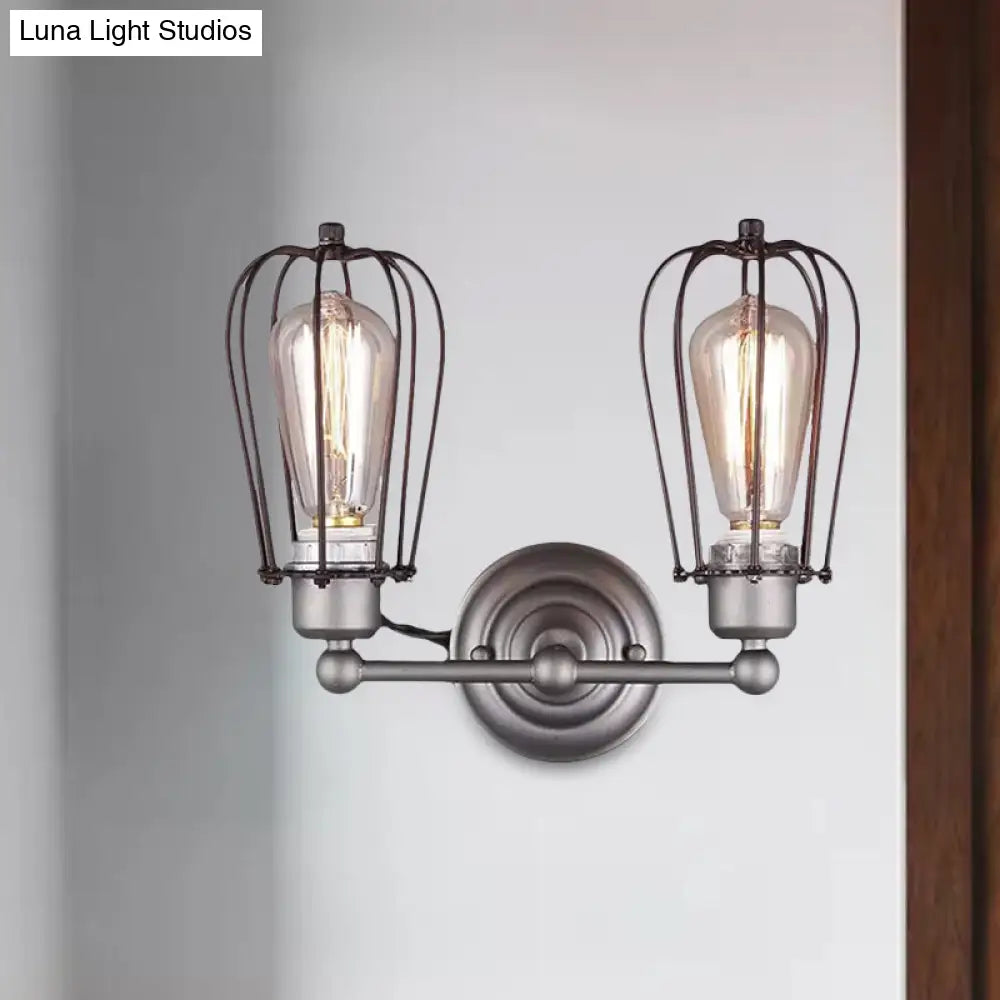 Industrial Style Caged Wall Sconce Lighting - 2-Light Metal Mini Light In Copper/Aged Silver