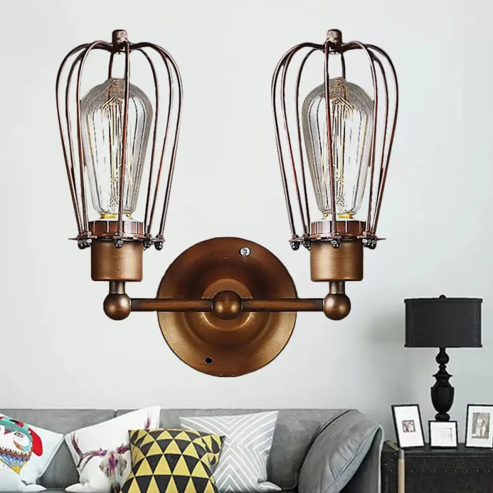 Industrial Style Caged Wall Sconce Lighting - 2-Light Metal Mini Light In Copper/Aged Silver Copper