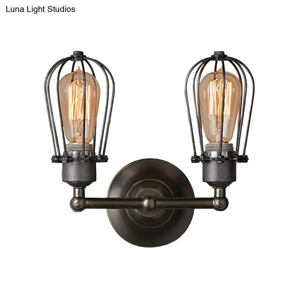 Industrial Style Caged Wall Sconce Lighting - 2-Light Metal Mini Light In Copper/Aged Silver