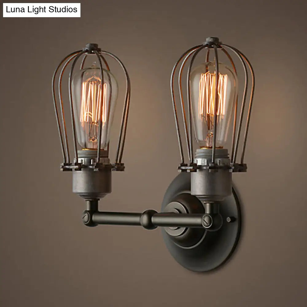 Industrial Style Caged Wall Sconce Lighting - 2-Light Metal Mini Light In Copper/Aged Silver