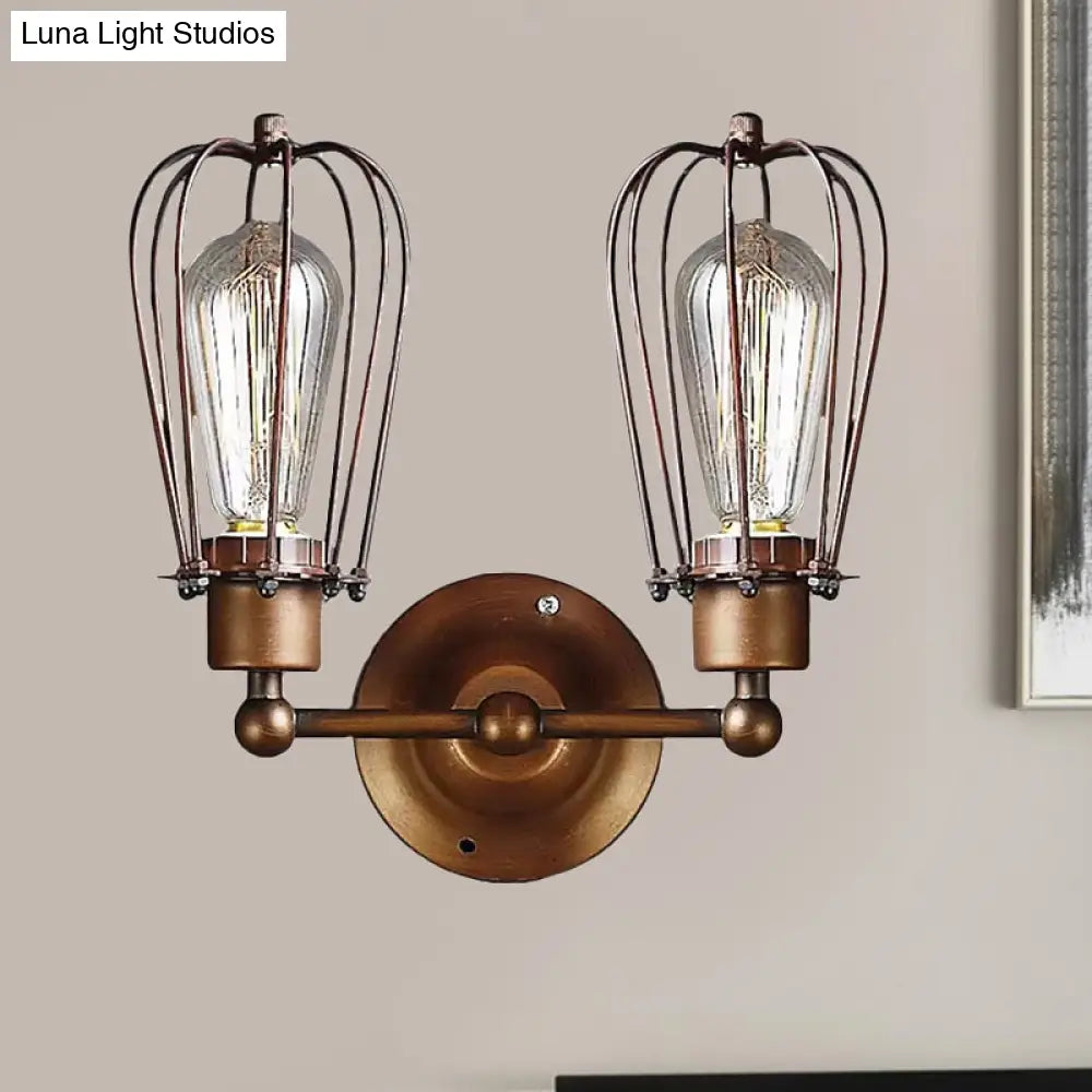 Industrial Style Caged Wall Sconce Lighting - 2-Light Metal Mini Light In Copper/Aged Silver