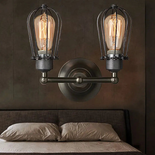 Industrial Style Caged Wall Sconce Lighting - 2-Light Metal Mini Light In Copper/Aged Silver Aged