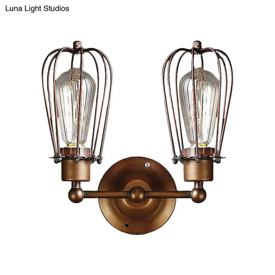 Industrial Style Caged Wall Sconce Lighting - 2-Light Metal Mini Light In Copper/Aged Silver