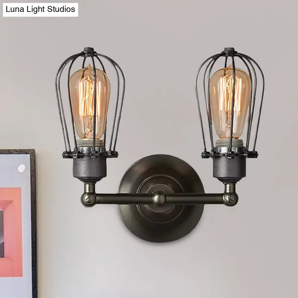 Industrial Style Caged Wall Sconce Lighting - 2-Light Metal Mini Light In Copper/Aged Silver