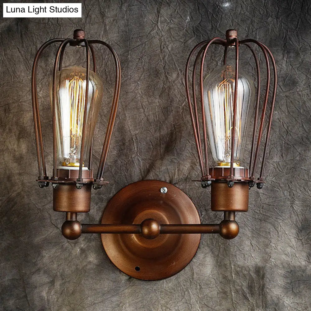 Industrial Style Caged Wall Sconce Lighting - 2-Light Metal Mini Light In Copper/Aged Silver