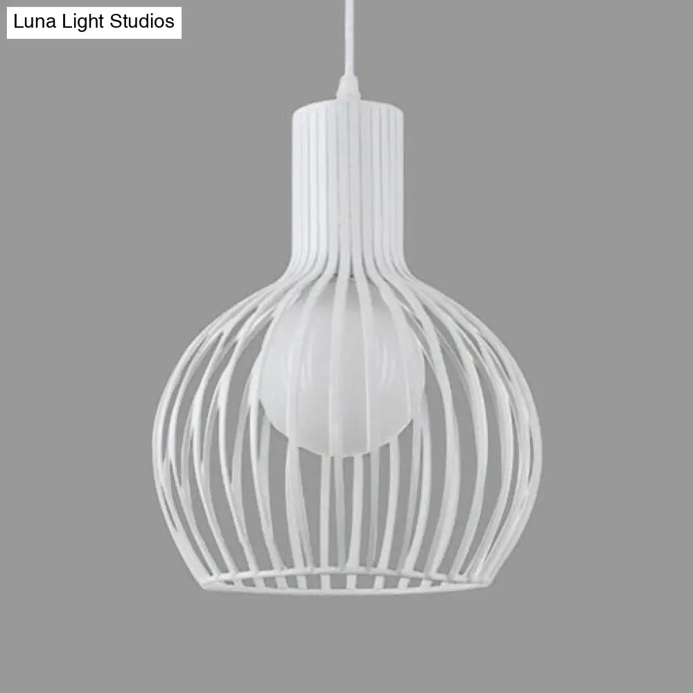 Industrial Style Metal Hanging Lamp For Dining Room - Dome Caged Ceiling Light In White/Beige 1 Bulb