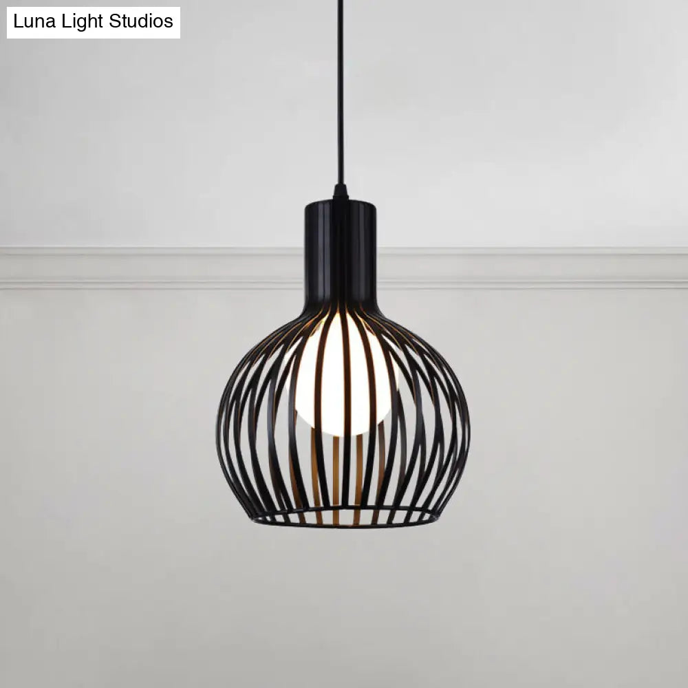 Industrial Style Metal Hanging Lamp For Dining Room - Dome Caged Ceiling Light In White/Beige 1 Bulb