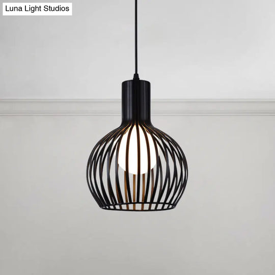 Industrial Style Metal Hanging Lamp For Dining Room - Dome Caged Ceiling Light In White/Beige 1 Bulb