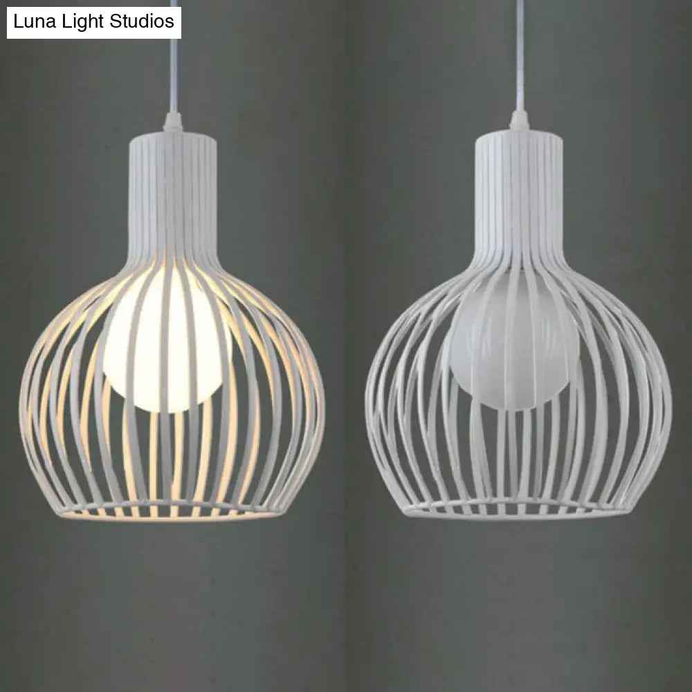 Industrial Style Metal Hanging Lamp For Dining Room - Dome Caged Ceiling Light In White/Beige 1 Bulb