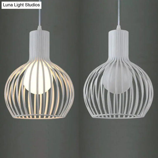 Industrial Style Metal Hanging Lamp For Dining Room - Dome Caged Ceiling Light In White/Beige 1 Bulb