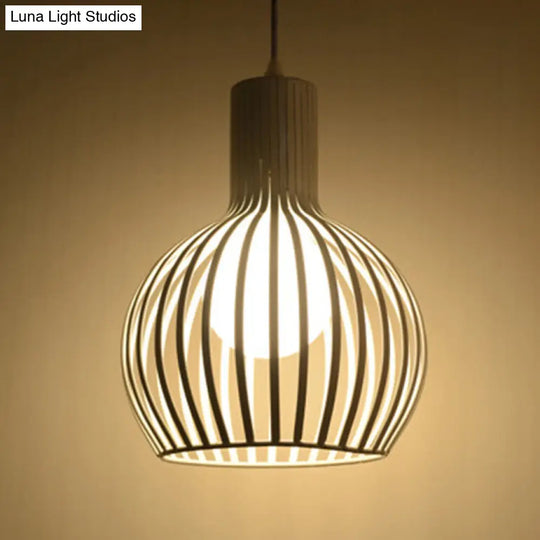 Industrial Style Metal Hanging Lamp For Dining Room - Dome Caged Ceiling Light In White/Beige 1 Bulb