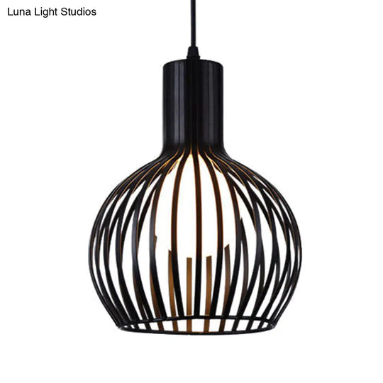 Industrial Style Metal Hanging Lamp For Dining Room - Dome Caged Ceiling Light In White/Beige 1 Bulb