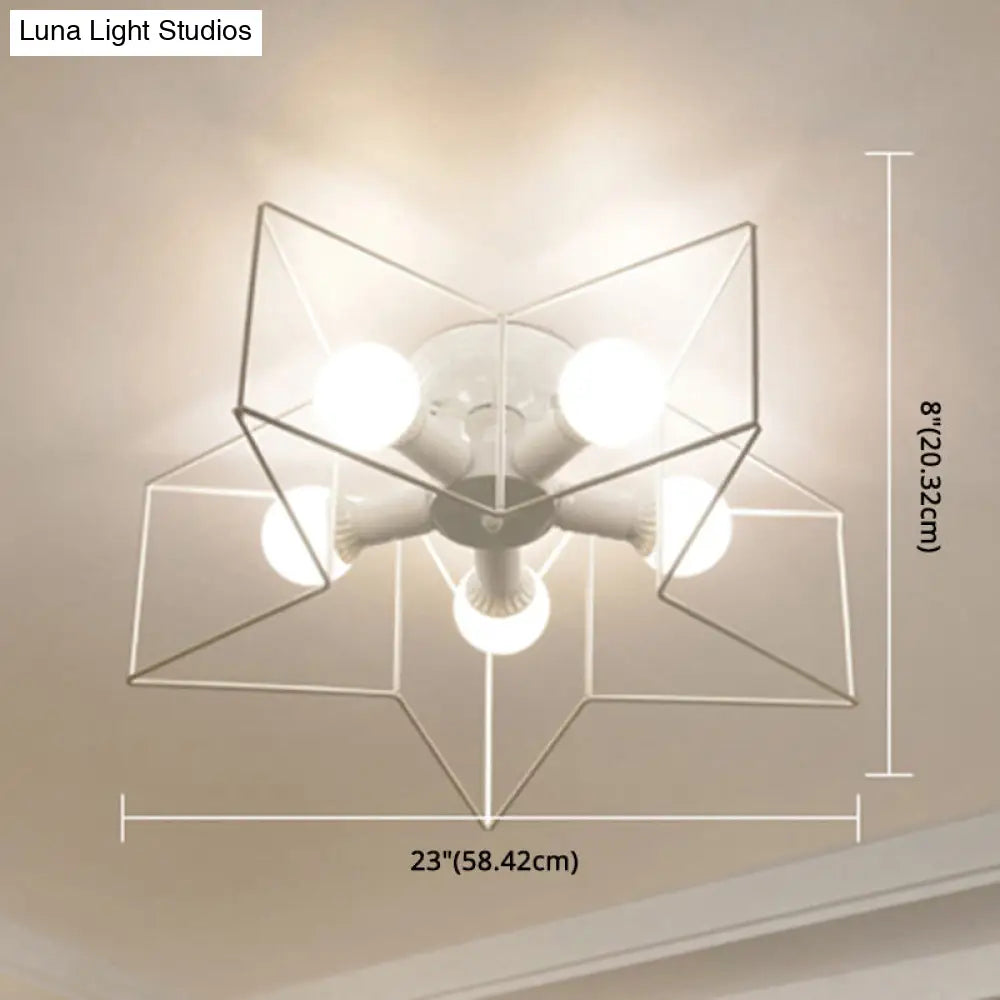 Industrial Style Ceiling Light: 5-Bulb Flush Mount Fixture With Iron Frame Lampshade - Dining Room