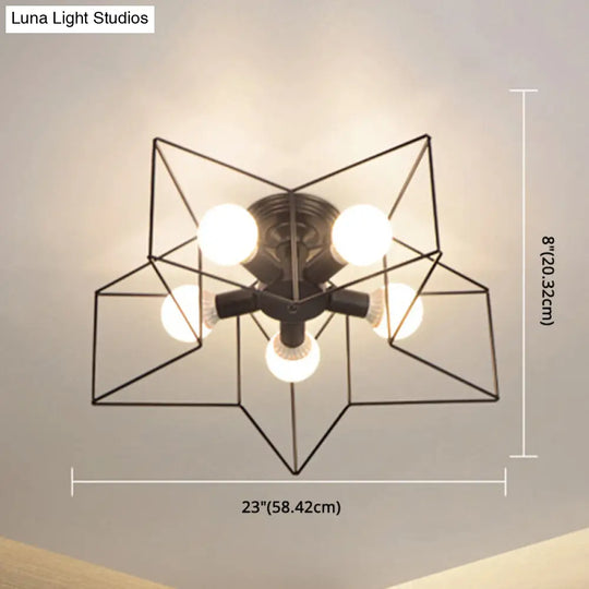 Industrial Style Ceiling Light: 5-Bulb Flush Mount Fixture With Iron Frame Lampshade - Dining Room