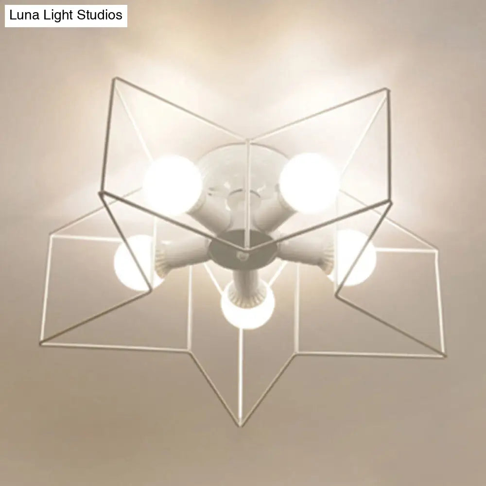 Industrial Style Ceiling Light: 5-Bulb Flush Mount Fixture With Iron Frame Lampshade - Dining Room