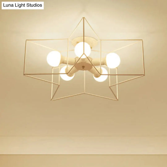 Industrial Style Ceiling Light: 5 - Bulb Flush Mount Fixture With Iron Frame Lampshade - Dining