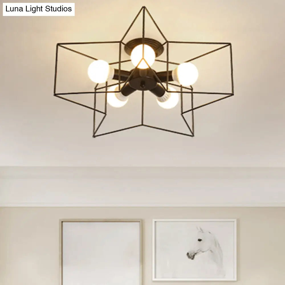 Industrial Style Ceiling Light: 5-Bulb Flush Mount Fixture With Iron Frame Lampshade - Dining Room