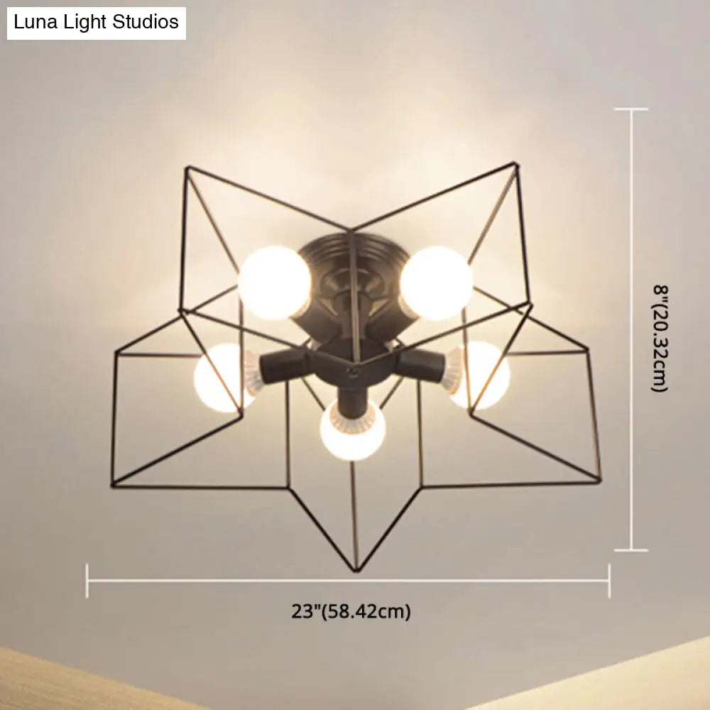 Industrial Style Ceiling Light: 5 - Bulb Flush Mount Fixture With Iron Frame Lampshade - Dining