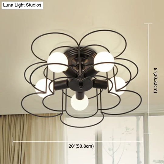 Industrial Style Ceiling Light: 5-Bulb Flush Mount Fixture With Iron Frame Lampshade - Dining Room
