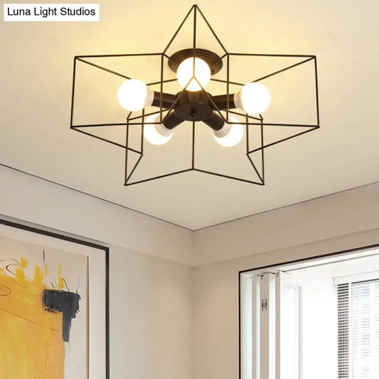 Industrial Style Ceiling Light: 5 - Bulb Flush Mount Fixture With Iron Frame Lampshade - Dining