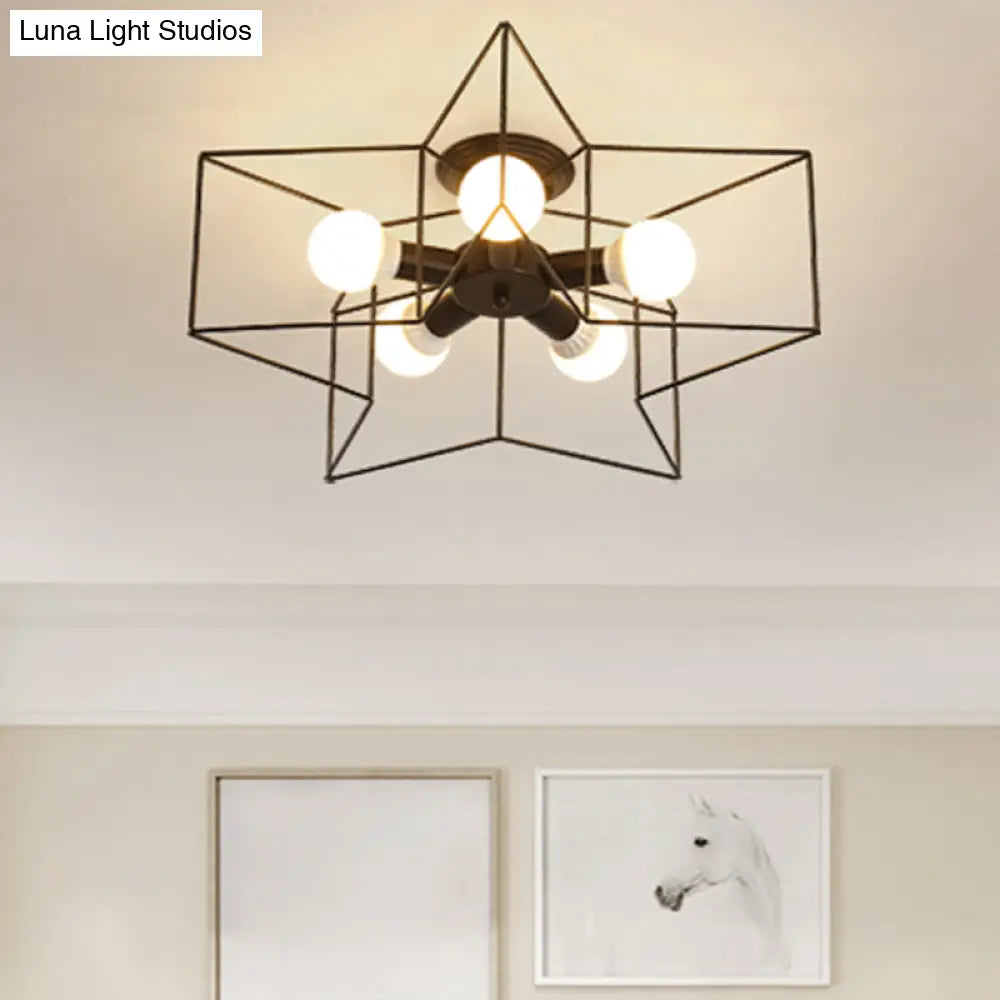 Industrial Style Ceiling Light: 5 - Bulb Flush Mount Fixture With Iron Frame Lampshade - Dining