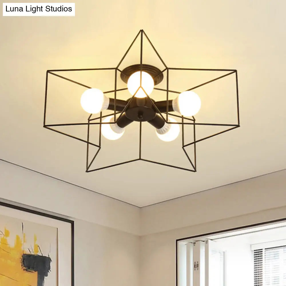 Industrial Style Ceiling Light: 5-Bulb Flush Mount Fixture With Iron Frame Lampshade - Dining Room