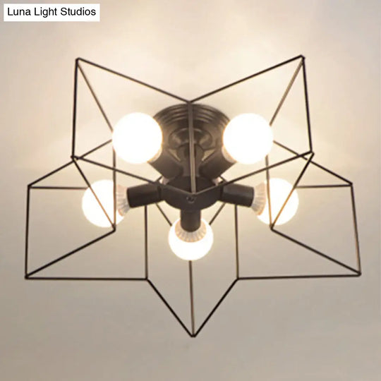 Industrial Style Ceiling Light: 5-Bulb Flush Mount Fixture With Iron Frame Lampshade - Dining Room