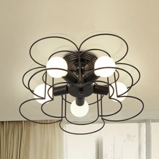 Industrial Style Ceiling Light: 5 - Bulb Flush Mount Fixture With Iron Frame Lampshade - Dining