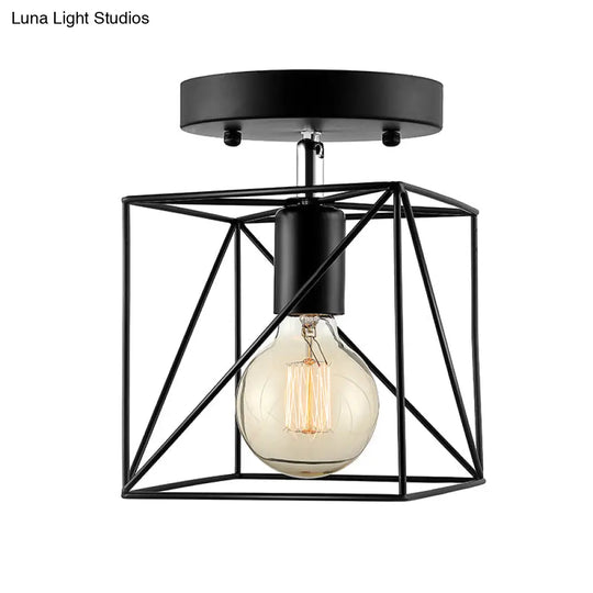 Industrial Style Ceiling Mounted Fixture - Wire Frame Semi Flush Light Black