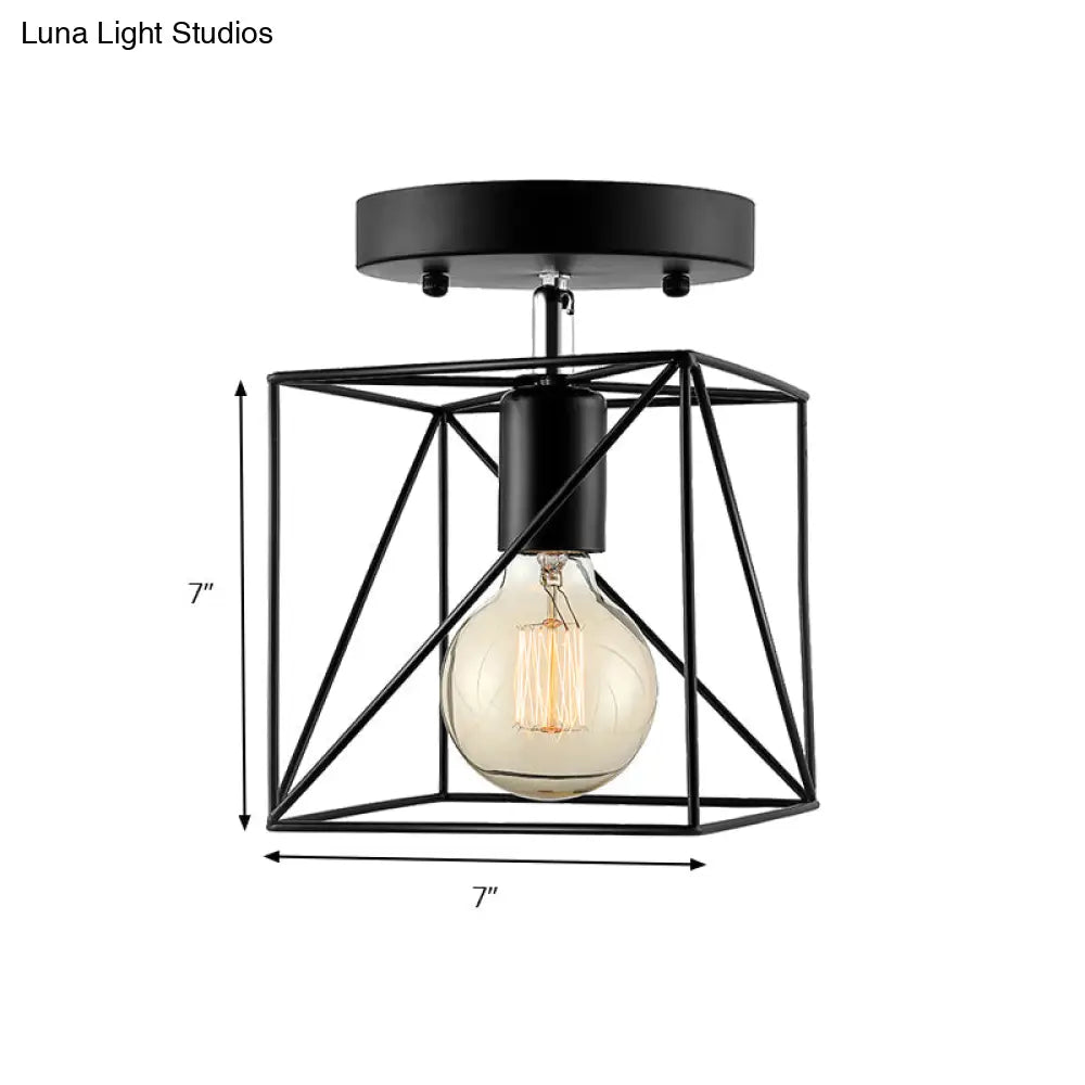 Industrial Style Ceiling Mounted Fixture - Wire Frame Semi Flush Light Black