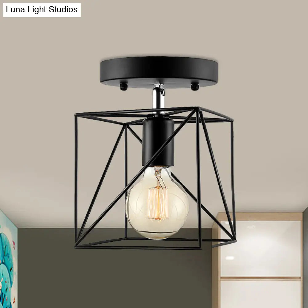 Industrial Style Ceiling Mounted Fixture - Wire Frame Semi Flush Light Black