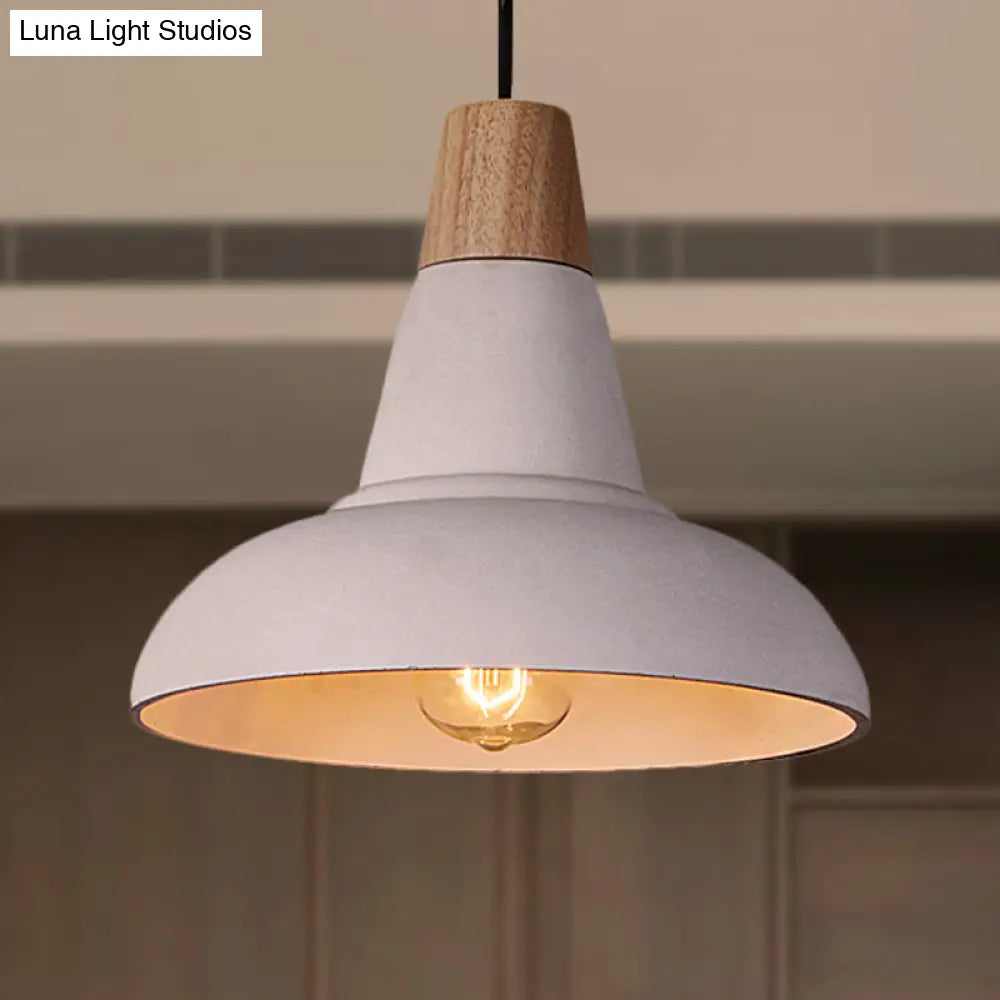 Industrial Style Cement And Wood Pendant Light With Grey/White Bowl Shade