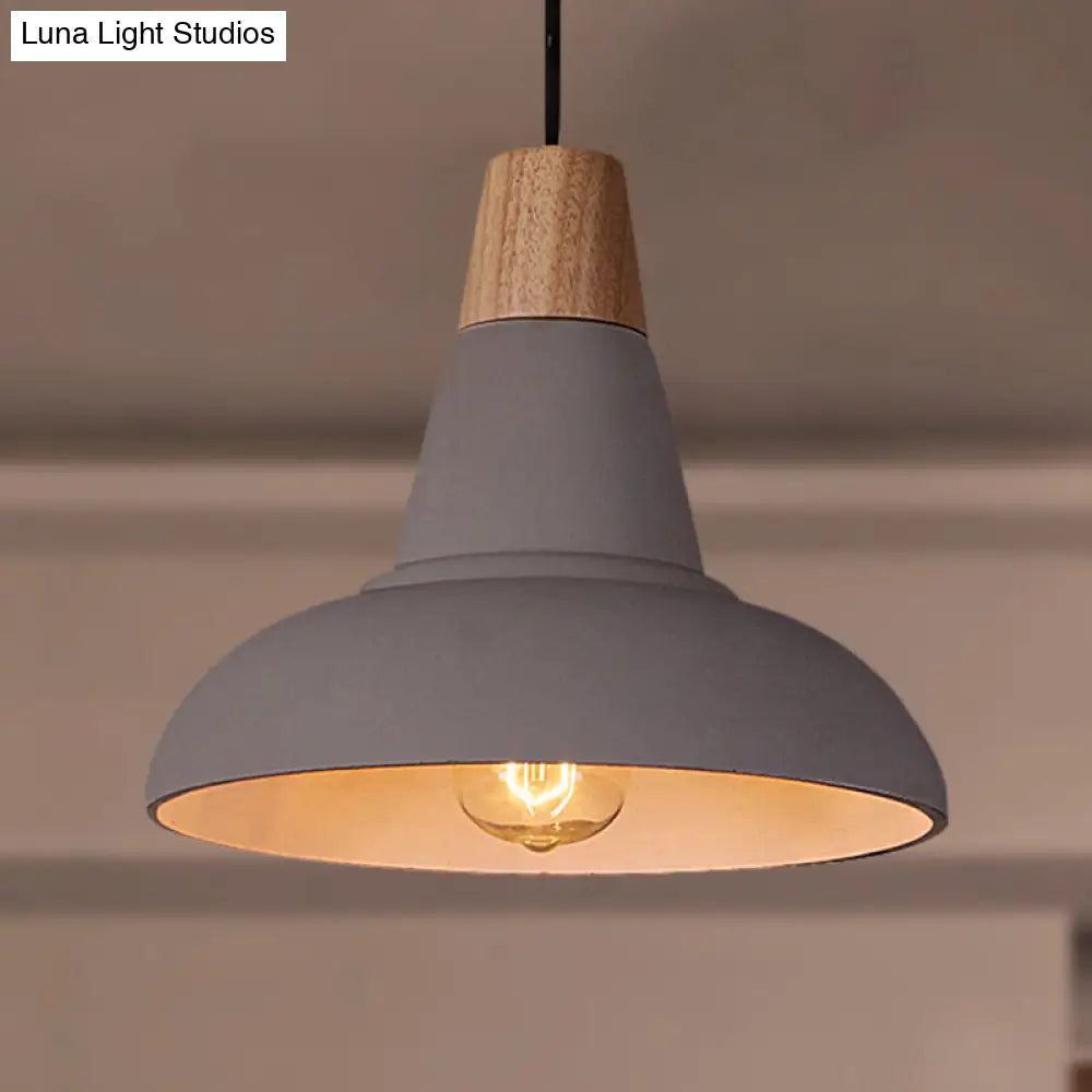 Industrial Style Ceiling Pendant - Cement & Wood Finish Grey/White Bowl Shade 1 Light Bedside