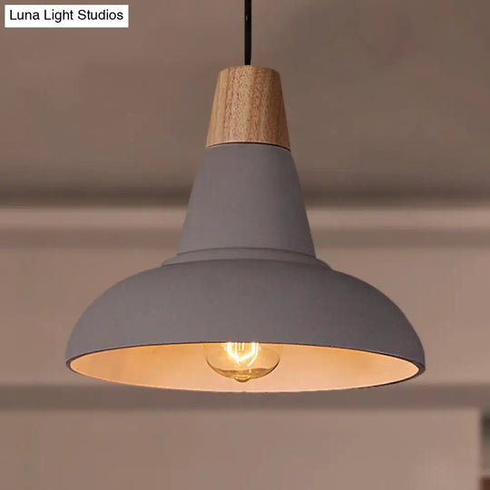 Industrial Style Ceiling Pendant - Cement & Wood Finish Grey/White Bowl Shade 1 Light Bedside